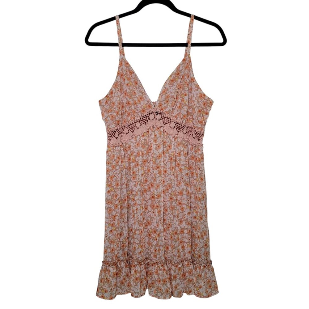 Almost Famous Floral Mini Dress Crochet Waist Ruffle Hem Sun Dress Boho Large
